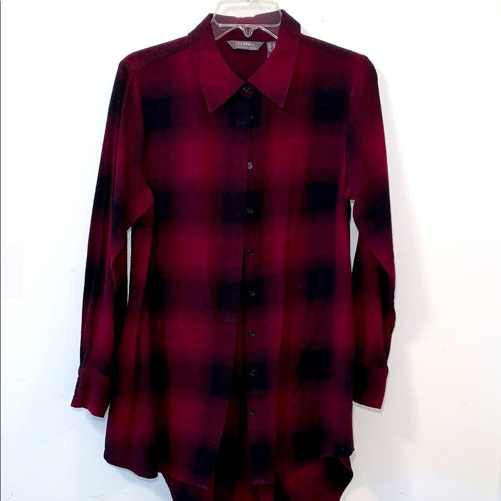 Lisa Rinna Collection Burgundy and Black Plaid Shirt
